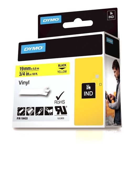Dymo Rhino Industrial -vinyltejp, 19 mm x 5,5 m, svart med gul bakgrund