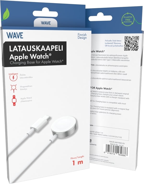Våg Qi smartklockans laddningskabel med magnet, Apple Watch, vit/silver