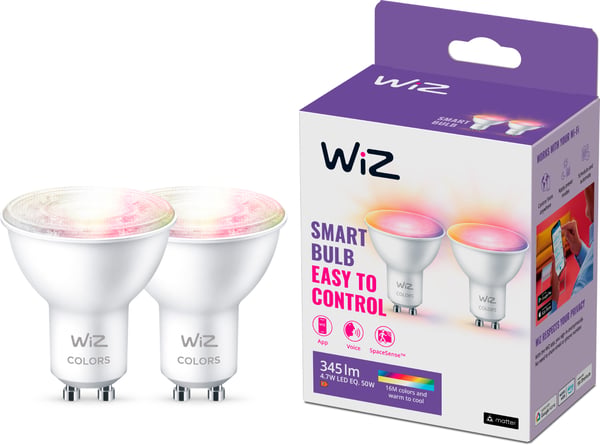 WiZ smartlampa, GU10, RGBW, alla färger och vita nyanser, Wi-Fi, 345 lm, 2-pack