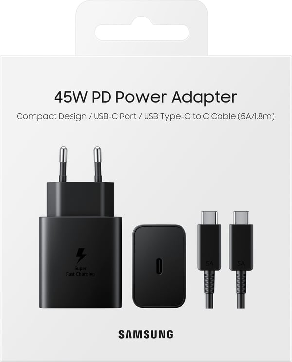 Samsung 45 W hurtigoplader, med USBCkabel, sort.