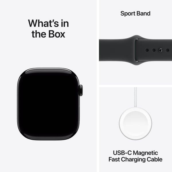 Apple Watch Series 11 (GPS) 46 mm spegel svart aluminiumskal och svart sportarmband, M/L