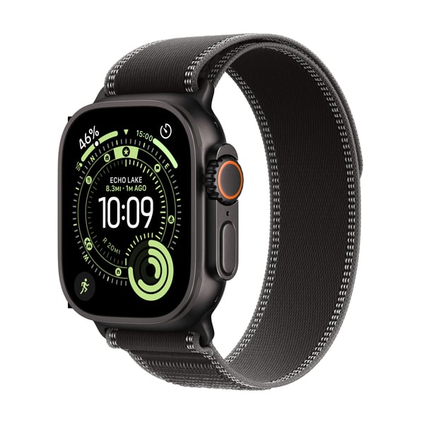 Apple Watch Ultra 3 (GPS + Cellular) 49 mm svart titanboett och svart Trail-armband, M/L