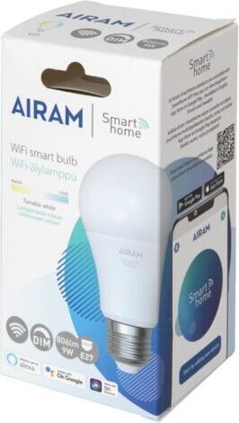 Airam SmartHome -standardlampe, E27, opal, 806 lm, justerbar hvid, WiFi