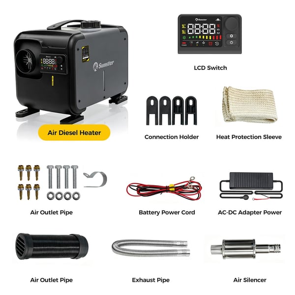 Sunster 8KW Dieselvärmare Luftvärmare 12/24V & 230V med GSM 4G & Bluetooth, Start/Stop, Ventilationsfunktion – Webasto