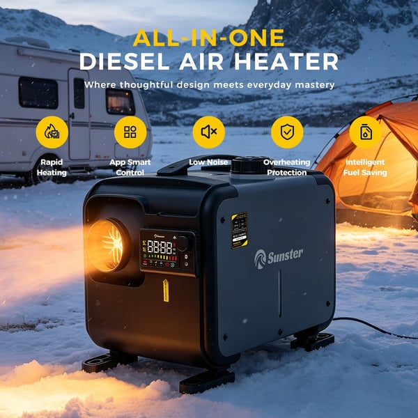 Sunster 8KW Dieselvärmare Luftvärmare 12/24V & 230V med GSM 4G & Bluetooth, Start/Stop, Ventilationsfunktion – Webasto