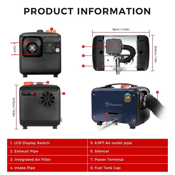 Sunster 8KW DieselväRmare 110-240V, 12V/24V BäRbar DieselväRmare, Med Bluetooth-Anslutning, LCD Och FjäRrkontroll, Effektiv VäRme, LåG Ljudnivå, FöR Husbil Husvagn Lastbil TäLt