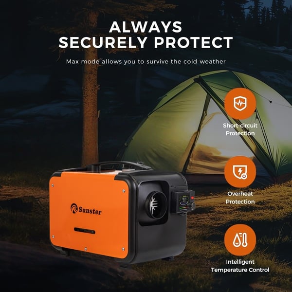 Sunster 8KW Dieselvärmare Luftvärmare 12/24V & 230V med Start/Stop, Ventilationsfunktion, Bluetooth & fjärrkontroll – Webasto