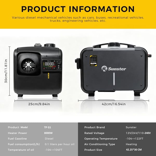 Sunster 8KW Dieselvärmare Luftvärmare 12/24V & 230V med GSM 4G & Bluetooth, Start/Stop, Ventilationsfunktion – Webasto
