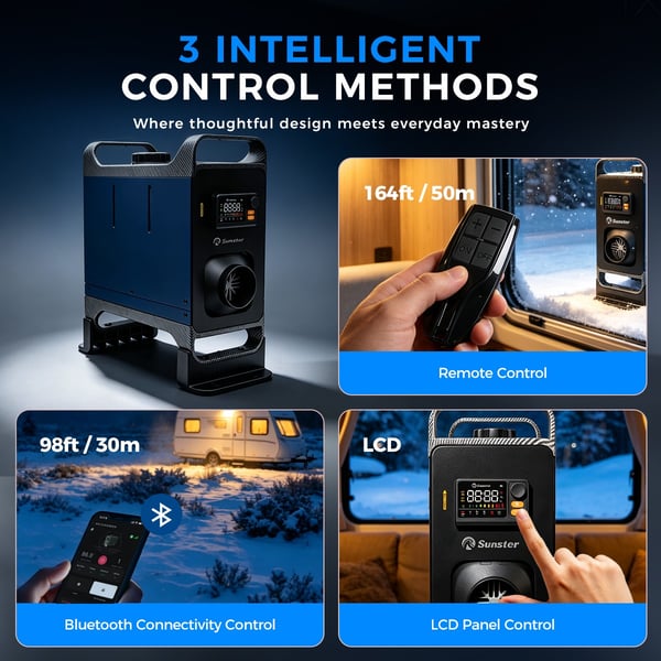Sunster 8KW Dieselvärmare 12V/24V, med Bluetooth-anslutning, LCD och fjärrkontroll, Effektiv Värme, Låg Ljudnivå, WEBASTO