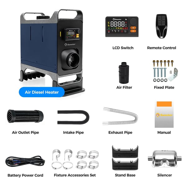 Sunster 8KW Dieselvärmare 12V/24V, med Bluetooth-anslutning, LCD och fjärrkontroll, Effektiv Värme, Låg Ljudnivå, WEBASTO