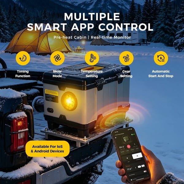 Sunster 8kW Diesellämmitin häkävaroittimella, Bluetooth & App-ohjaus, 12V/24V & 110–240V, Kannettava ilmanlämmitin LCD-näytöllä autoon, kuorma-autoon