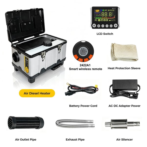 Sunster 8kW Diesellämmitin häkävaroittimella, Bluetooth & App-ohjaus, 12V/24V & 110–240V, Kannettava ilmanlämmitin LCD-näytöllä autoon, kuorma-autoon