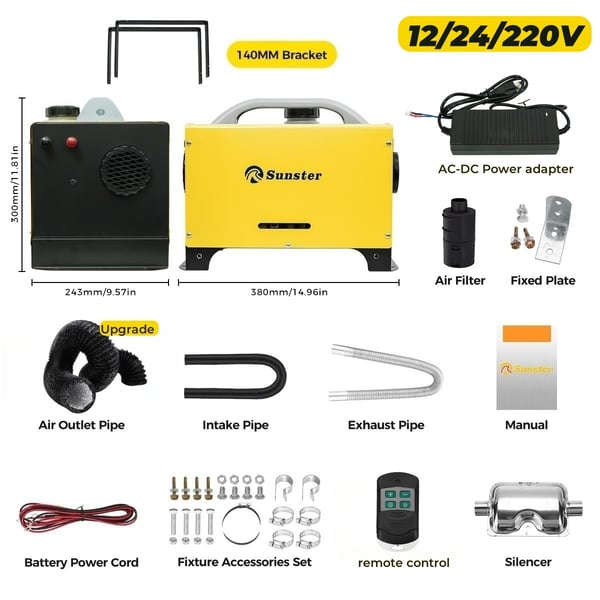 SUNSTER diesellämmitin ilmanlämmitin 8KW 12V / 24V / 220V LCD-näytöllä, hiljainen diesellämmitin autoon, matkailuautoon, autotalliin, retkeilyyn