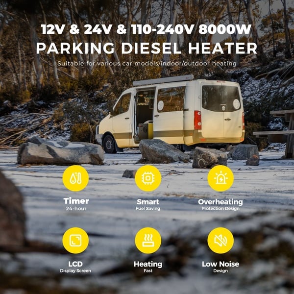 SUNSTER diesellämmitin ilmanlämmitin 8KW 12V / 24V / 220V LCD-näytöllä, hiljainen diesellämmitin autoon, matkailuautoon, autotalliin, retkeilyyn