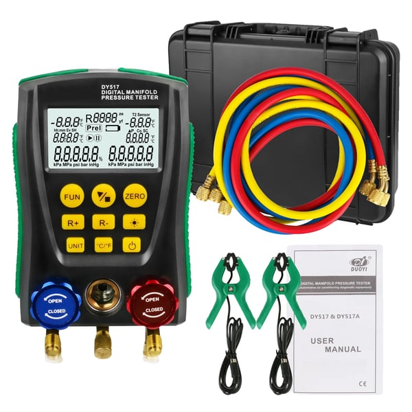 Kylteknik Digital Manifold Mätare, 1,5 meter slanglängd, Dubbel trycktestkapacitet, Mäter temperaturer i Celsius och Fahrenheit Kylteknik Digital Manifold Mätare, 1,5 meter slanglängd, Dubbel trycktestkapacitet, Mäter temperaturer i Celsius och Fahrenheit