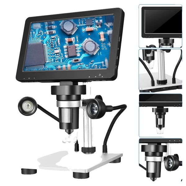 Digitaalinen mikroskooppi, 7 tuuman näyttö, 1080p resoluutio, suurennus 500X - 1500X, sinkki-seosmateriaali, kaksoiskeskitinohjaimet
