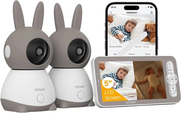 Babymonitor, 720p videoopløsning, 360° synsvinkel, 128GB lagerkapacitet, batteridrevet, tovejs lyd