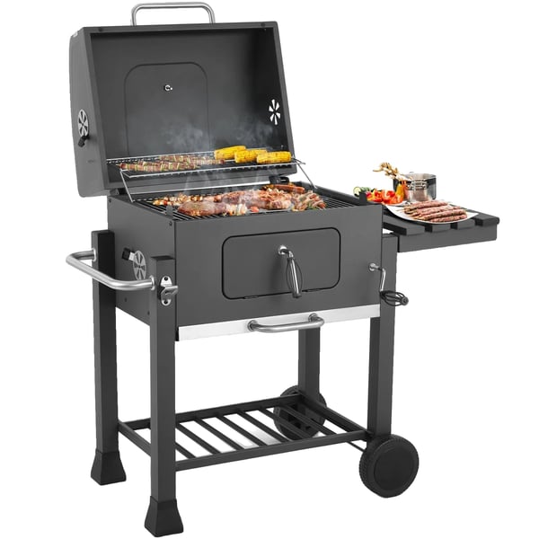 Kulgrill, Total madlavningsoverflade 578 kvadrattommer, Justerbare luftventiler 4, Indbygget termometer, Højdejusterbar kulplade, Sidehylde med kroge Kulgrill, Total madlavningsoverflade 578 kvadrattommer, Justerbare luftventiler 4, Indbygget termometer, Højdejusterbar kulplade, Sidehylde med kroge