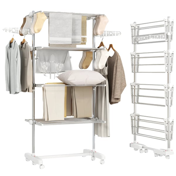 Tørrerack, Foldbart, 4 Niveauer, 80-142 x 55 x 172 cm, Plastmateriale, 6 Hjul
