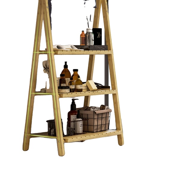 Bambus Badeværelseshylde, 53,5 cm x 30 cm x 53 cm, 3 Hylder, 3 Håndklædestænger, A-formet Struktur, Net Hylder