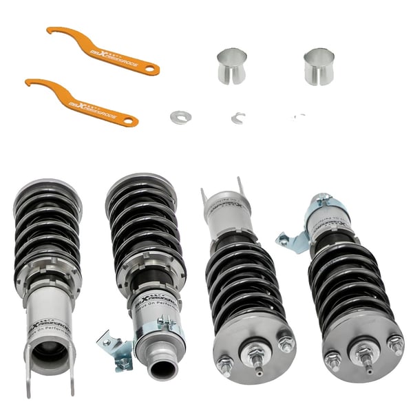 Coilover-fjederben, Kompaktbilskompatibilitet, 24-niveau Justerbar Dæmpning, Højde Sænkning Område 1-3 tommer, Fjederhastighed Foran 8 kg/mm