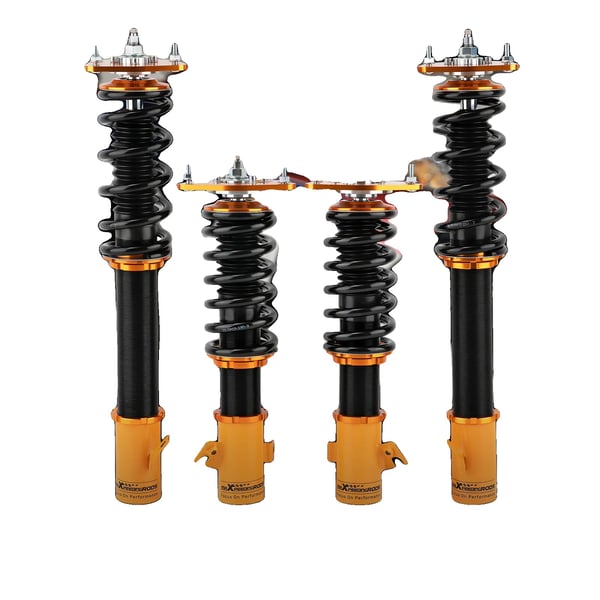 Coilover-sarja, säädettävä korkeus 1-3”, 24 tason iskunvaimennuksen säätö, etujousen kovuus 9 kg/mm, takajousen kovuus 7 kg/mm