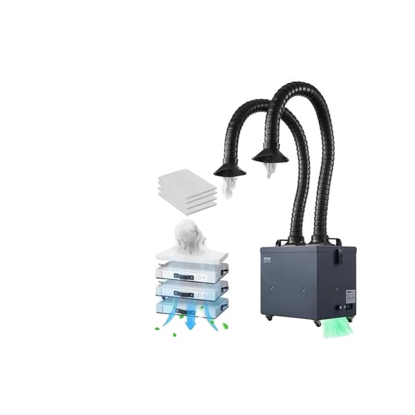 Lodde røg absorber, luftstrømskapacitet 380m³/t, effekt 275W, 4-trins filtreringssystem, dobbelt slangedesign, 10 justerbare hastighedsindstillinger