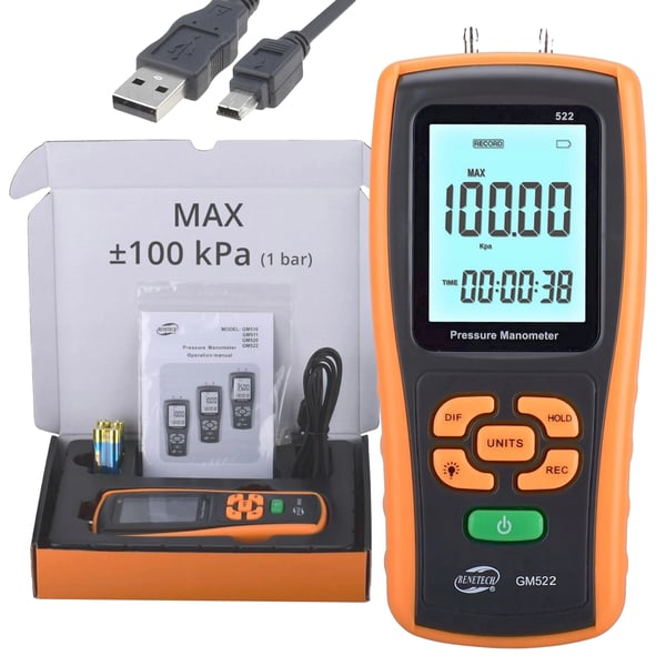 Differentialmanometer, Digital trykmåling, USB-forbindelse,GRÅ
