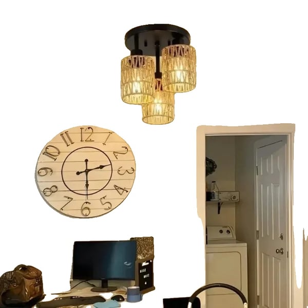 Håndlavet Rattan Loftlampe, Vævet Hamp Design, E27 Sokkel, 3 Lyskilder,Ingen pære