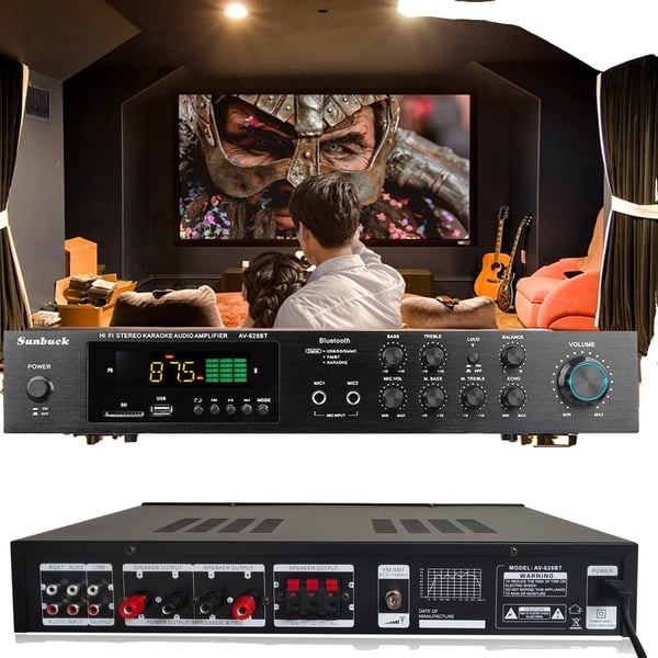 Bluetooth-förstärkare, 600W utgångseffekt, Bluetooth 5.0, LED-display, FM-radio, USB/AUX/RCA-ingångar Bluetooth-förstärkare, 600W utgångseffekt, Bluetooth 5.0, LED-display, FM-radio, USB/AUX/RCA-ingångar