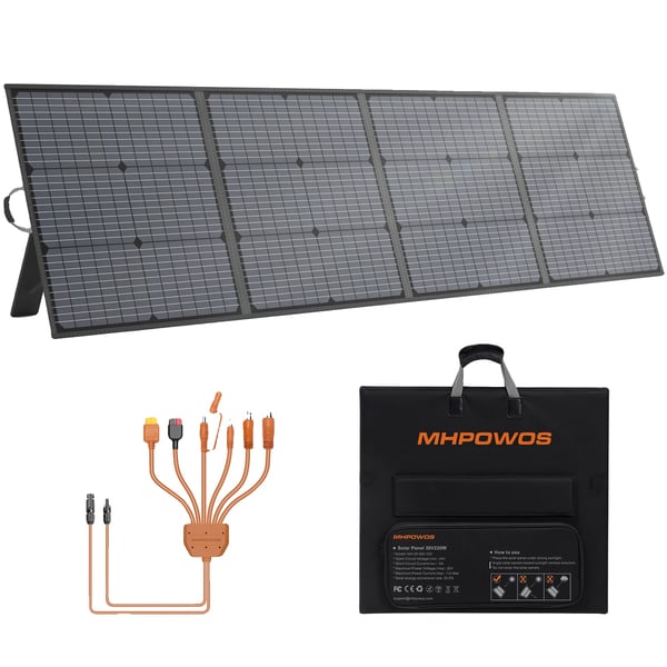 Solpanel, 220W spidseffekt, 20V spænding, 11A strømudgang, IP67 vandtæt, justerbar vinkel støtteben