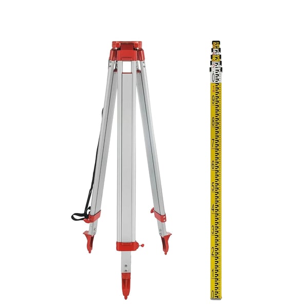 Laser-taso jalusta, alumiinimateriaali, säädettävä korkeus 1,04 - 1,65 m, henkilön pituus 5 m, jalustan paino 3,6 kg, henkilön paino 1,6 kg