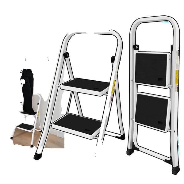 Stige, 2 trin, 150 kg kapacitet, stål konstruktion, foldbart design, kompakte dimensioner