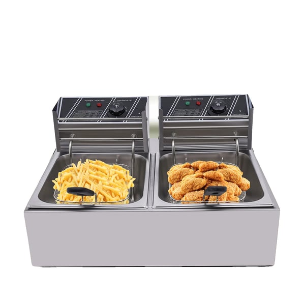Elektrisk frituregryde, 3200W effekt, 12.7QT kapacitet, temperaturinterval 140°F-392°F, rustfrit stål konstruktion, dobbelt friturekurve