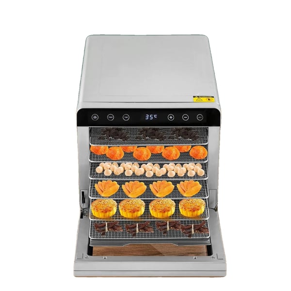 Madtørrer, 6 lag, 700 W effekt, 220 V spænding, temperaturinterval 35-85°C, intelligent touchscreen kontrol