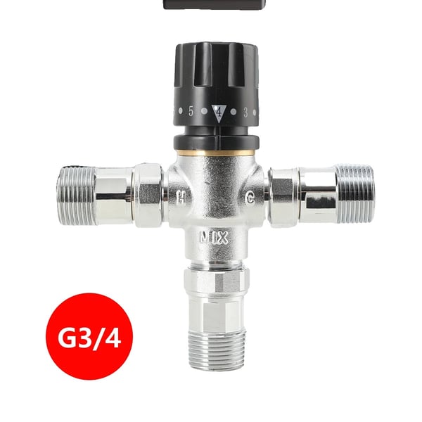 Termostatisk blandingsventil, zinkfri messing, temperaturinterval 15-70 °C, automatisk flowjustering, skoldbeskyttelse