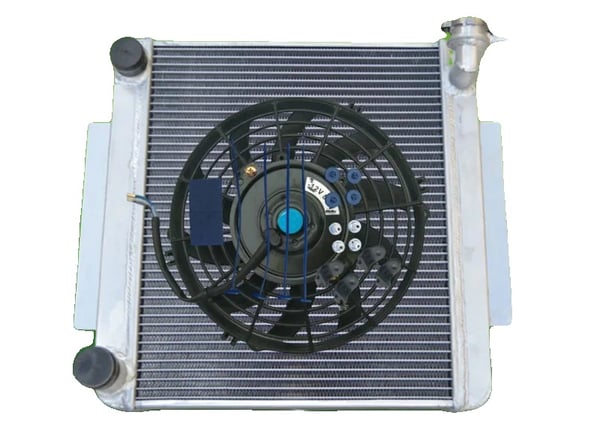 Radiator, Aluminiumkonstruktion, Kerne størrelse 428mm x 340mm x 56mm, Samlet størrelse 435mm x 500mm x 150mm, Indløb størrelse 1,38 tommer