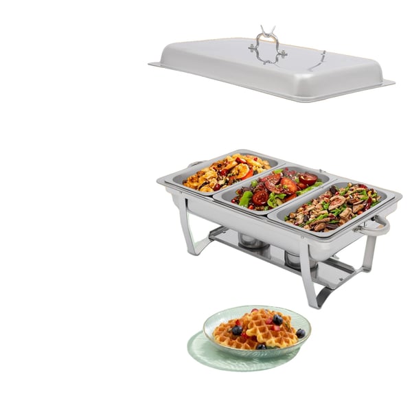 Chafing Dish, 410 rostfritt stål, 56 x 35,5 x 7,5 cm, 3 matpannor, 3L kapacitet per panna, rektangulär form