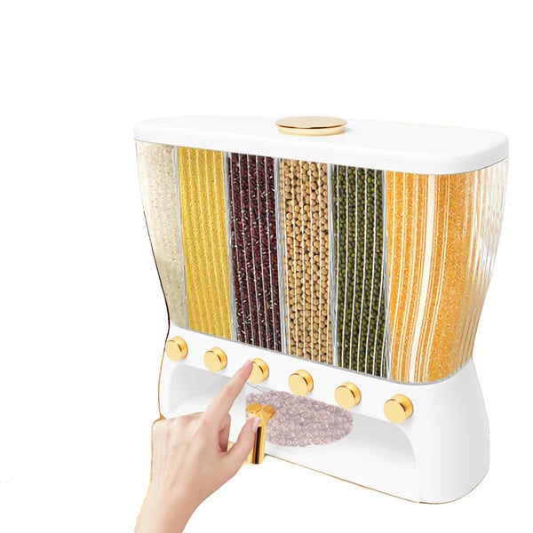 Tørfoderdispenser med 6 rum, rummer 10 kg, måler 42*16,5*36 cm, lavet af ABS, PP og PET