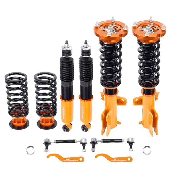 Coilover-jousituspaketti, säädettävä korkeus 505-665 mm edessä, säädettävä korkeus 500-585 mm takana, jousikovaus 8 kg/mm edessä