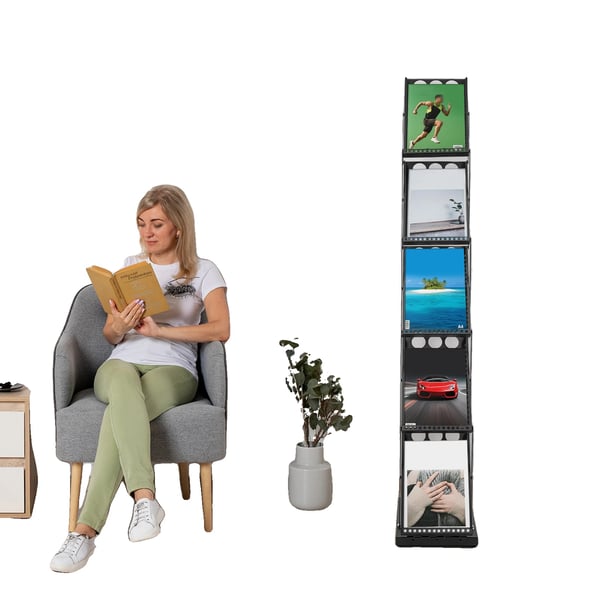 Magasinholder, 5-lags, A4-kompatibel, jernmateriale, foldbart design, dimensioner 36*27*163cm