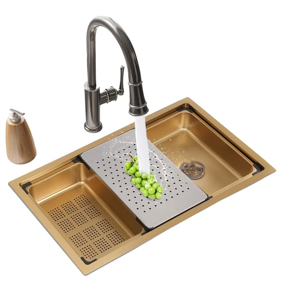 Køkkenvask, 76 cm længde, 45,8 cm bredde, 22 cm dybde, holdbart rustfrit stål, installationsmetode: undermount/overmount/drop-in