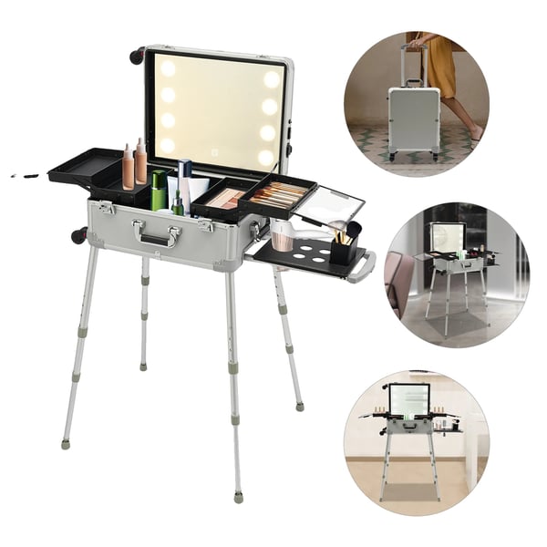 Makeup Case, 21 Tommer, 8 LED Lyskilde, Justerbar Højde 39-85 cm, Aftagelig Universel Hjul, Håndholdt og Håndtrukket Bæring