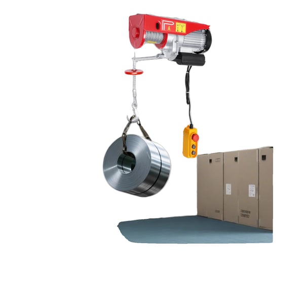 Elektrisk vinsch, lastkapacitet 800 kg, strömförsörjning 220 V, lyfthastighet 10 m/min, kabellängd 30 m, säkerhetslås Ja
