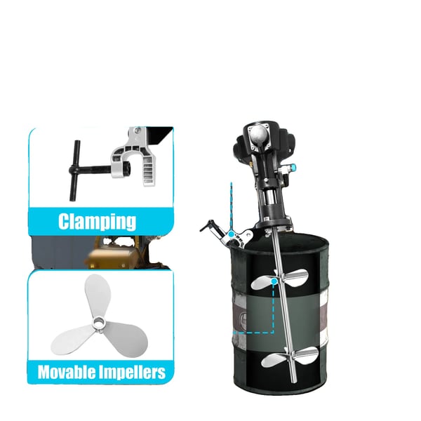 Pneumaattinen sekoitin, 50-gallon kapasiteetti, 304 ruostumaton teräs, 50-2000 RPM nopeus, sekoitusvarren pituus 88 cm, työpaine 1-3 kg