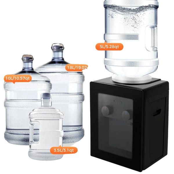 Vatten dispenser, 550W värmeeffekt, 75W kylningseffekt, 270x235x370mm dimensioner, 3kg vikt, kompatibel med olika flaskstorlekar