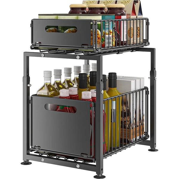 Under Sink Organizer, Metal Material, Højdejusterbart Design, Egnet til Skabsbrug, Glatte Utrækkelige Skuffer, Robust Konstruktion