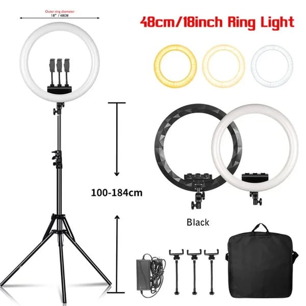 Ring Light, Dæmpbar Lysstyrke, 360° Rotation,184cm Tripod Sort