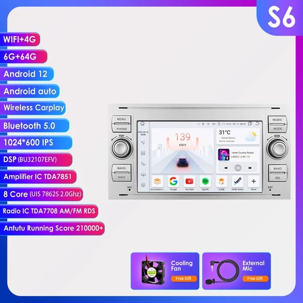 Bilradio Multimedia, Android 12, 7-tums Pekskärm,S6 S