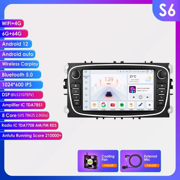 Multimedia-soitin, Android 12, kosketusnäyttö,S6-6G 64G-8ydin-4GB